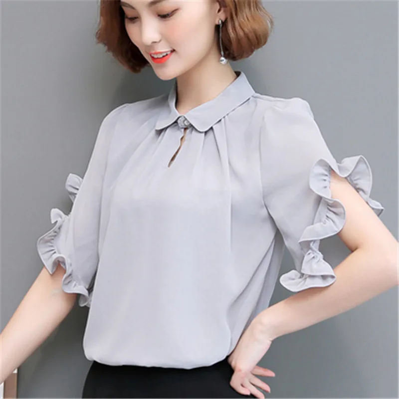 Fashion Chiffon Shirt Women Short-sleeved 2022 Summer New Women's Korean version Fashion Loose Ruffle solid color Top Shirt A942