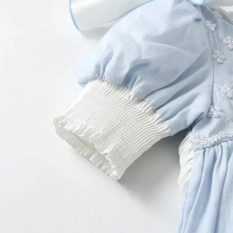 Baby Girl Princess Cotton Bow Pearl Dress Infant Toddler Child Ruffled Spanish Blue Vestido Birthday Party Baby Clothes 18M-7Y