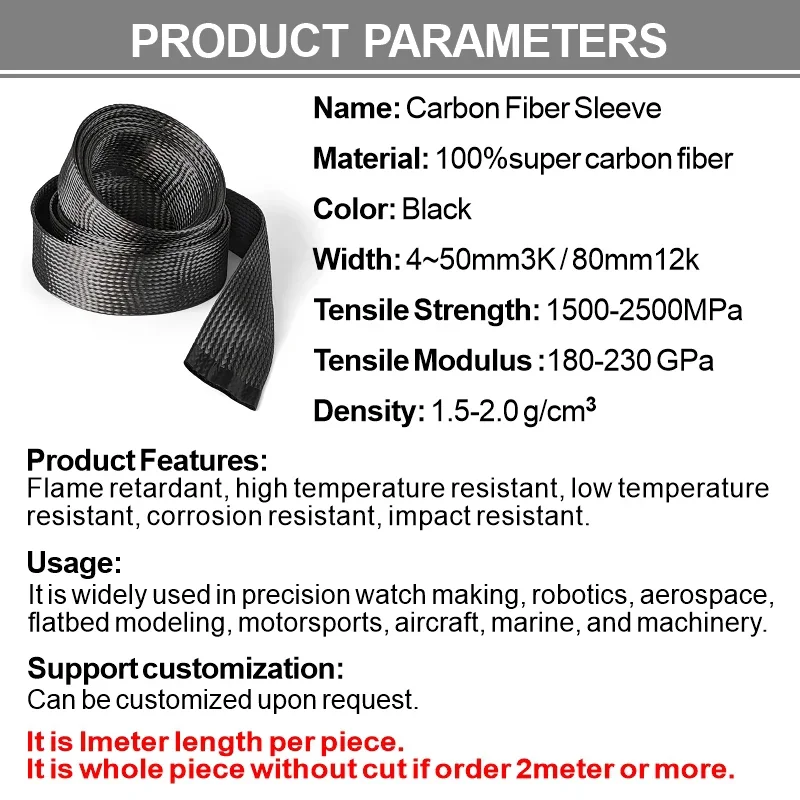 High Temperature Resistant Carbon Fiber Braided Casing 4mm-80mm Flexible High Strength Braid Belt DIY Projects Repairing Rackets