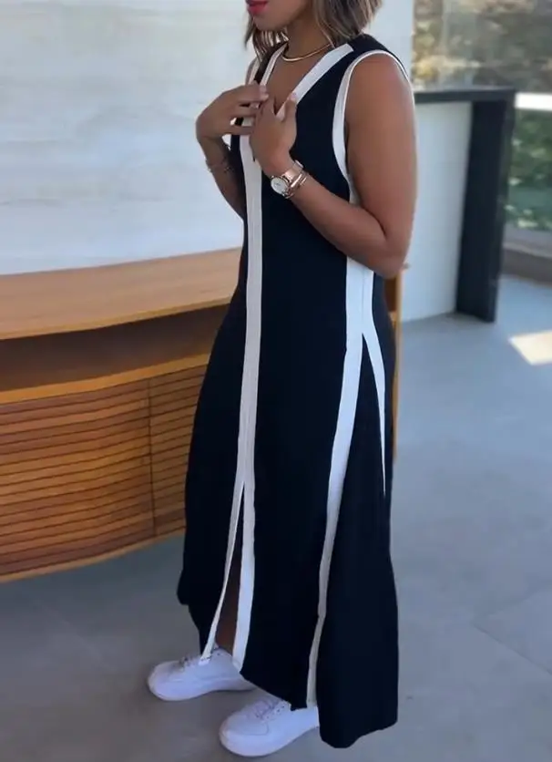 

Womens Dresses 2025 Spring Fashion Striped Sleeveless Plunge Neckline Midi Dress with Slit Detail Casual Loose Fit A Line Dress