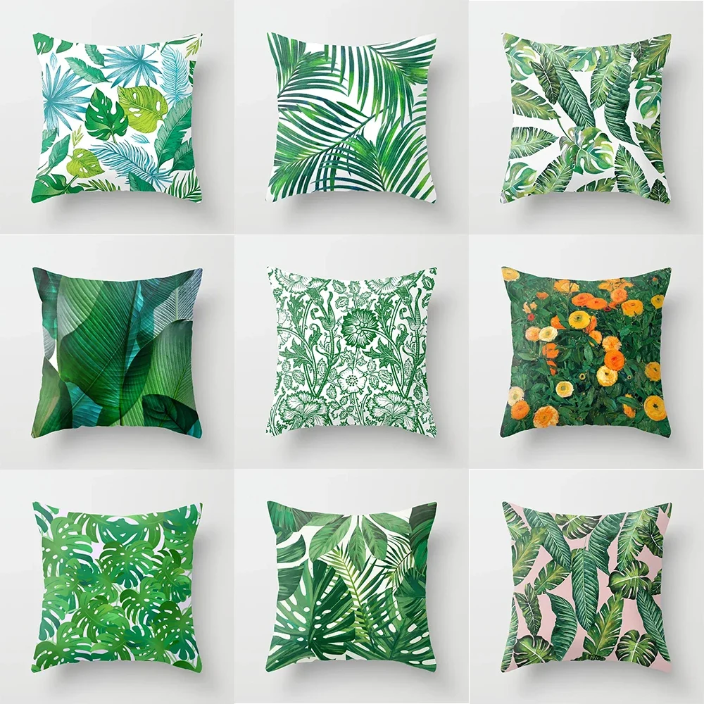 Green leaf plant polyester printed pattern cushion cover for home living room sofa bedroom decoration pillow  45x45cm