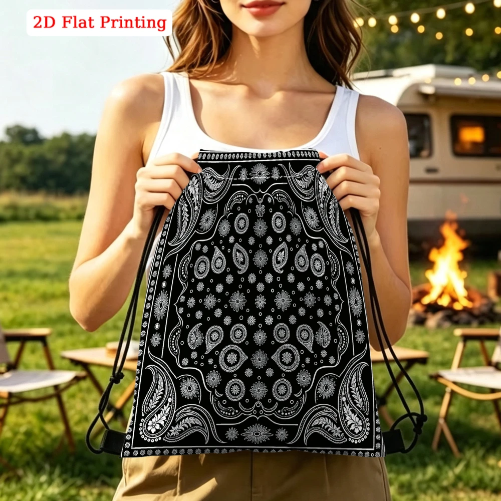Vintage Bohemian Style, Drawstring Backpack, Black And White Paisley Mandala Pattern, Gym Sports Bag, Outdoor Travel Cinch Sack