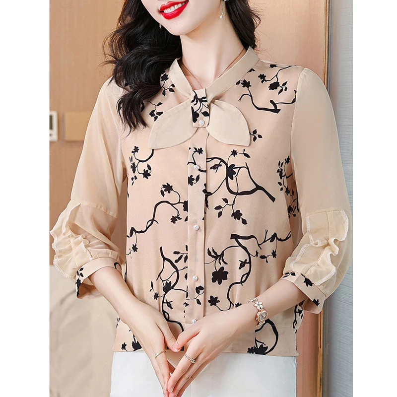 Women\'s Korean Fashion Print Ruffle Bow Elegant Blouse Office Lady Casual Chic Chiffon Shirt Spring Summer 3/4 Sleeve Slim Tops