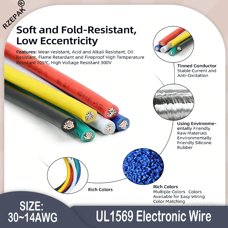 14-30AWG UL1569 Electronic Cable 5-100m - 300V Tinned Copper PVC Wire for Home Appliance & DIY Wiring