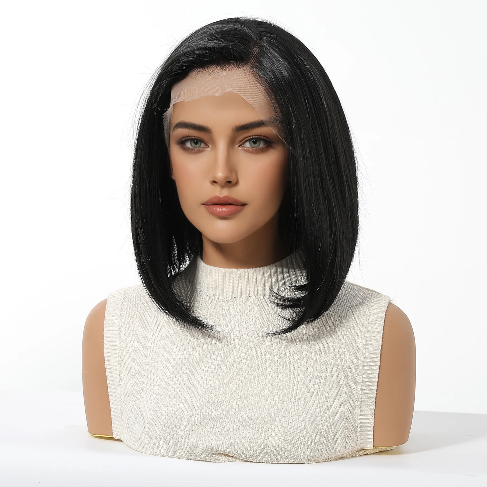 HENRY MARGU Black Bob Lace Front Wig 13x6 Lace Frontal Synthetic Short Straight Wig for Women Daily Party Wear