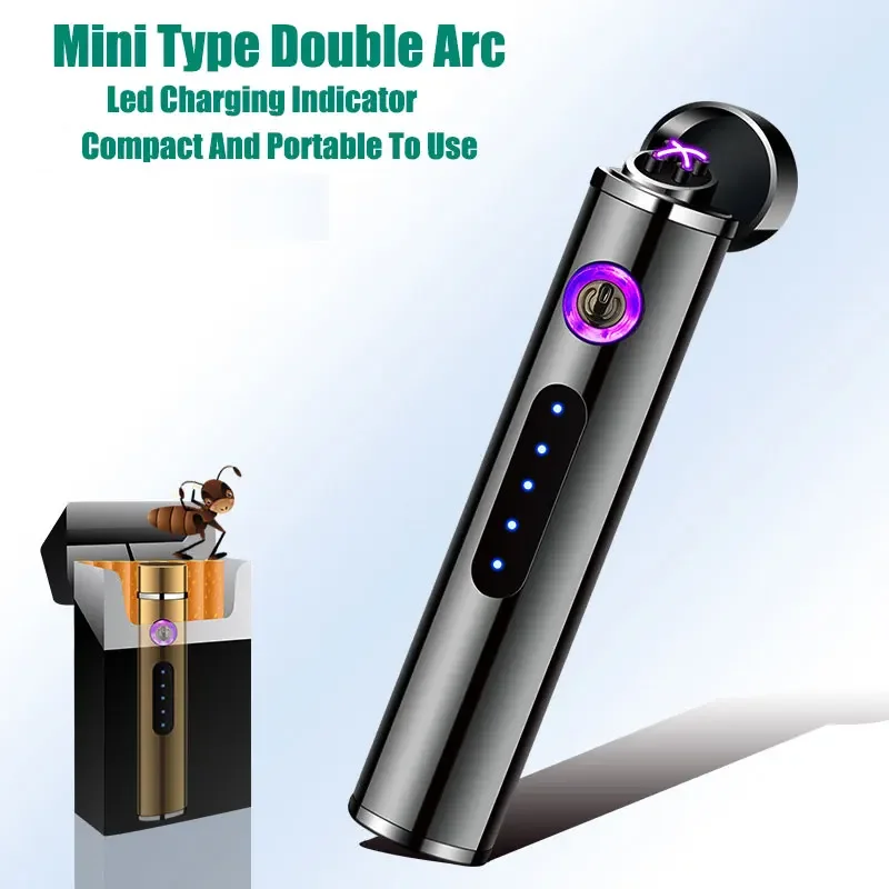 Mini Cylindrical Cross Dual Arc USB Lighter Touch Sensing Portable Outdoor Windproof Plasma Pulse Flameless Metal Lighter Tools