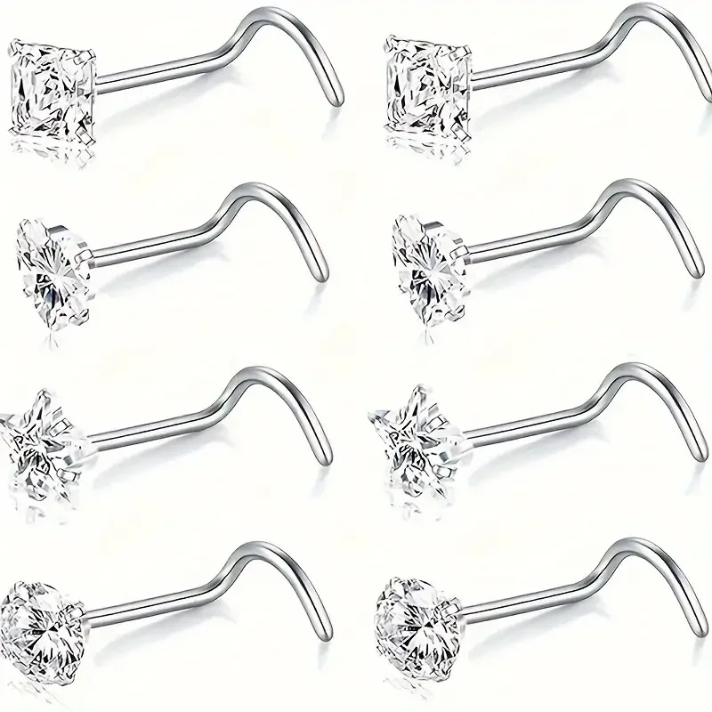 4/12 Pcs Classic Style Nose Ring Studs For Women, Steel L-Shaped Nose Studs Inlay Flower Shape Zircon, Delicate Grace Silvery