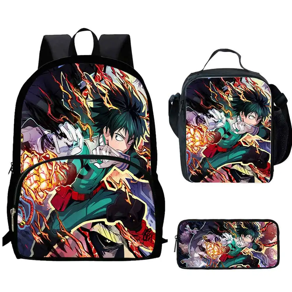 3 Stuks Set Mijn Held Mochila Academia Rugzakken Met Lunchtassen Etui, Cartoon Grote Capaciteit Schooltassen Voor Graad 1-5