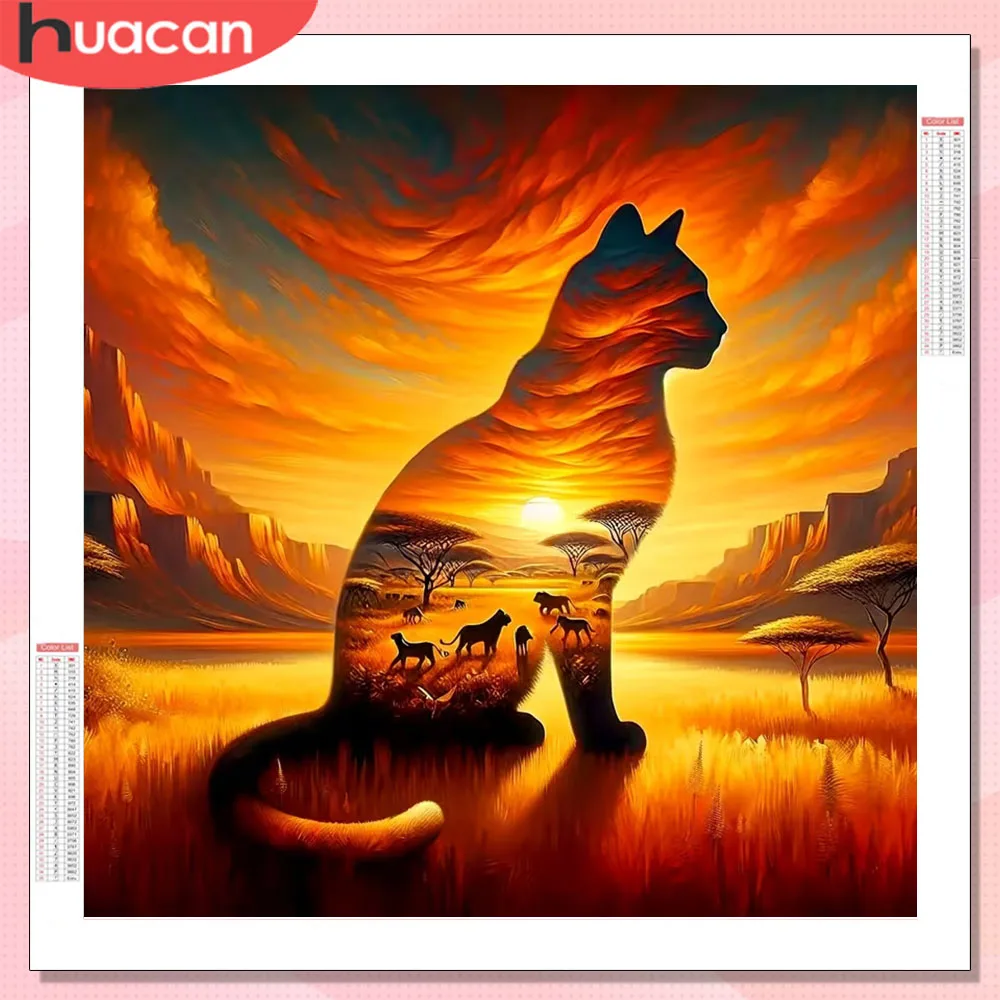 HUACAN Diamond Painting Sets Sonnenuntergang-Landschaft Diamant-Mosaik-Sets Leopard Löwe Tier Vollquadratische Runde Strass-Steine