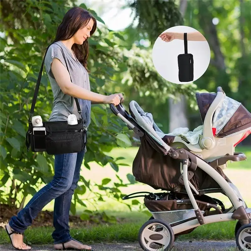 FBIL-Universal Baby Stroller Organizer With Insulated Cup Holder Adjustable Shoulder Strap