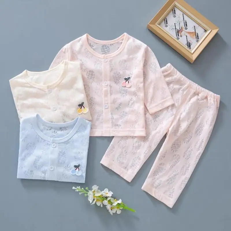 Baby summer clothes thin set for boys and girls baby air conditioning clothes newborn long sleeved top pants two piece set