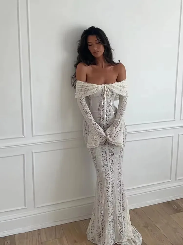 Robe longue en dentelle ajourée, dos nu, Slim, sans bretelles, épaules dénudées, Chic, Sexy, Robes de soirée, de Club, nouvelle collection 2025