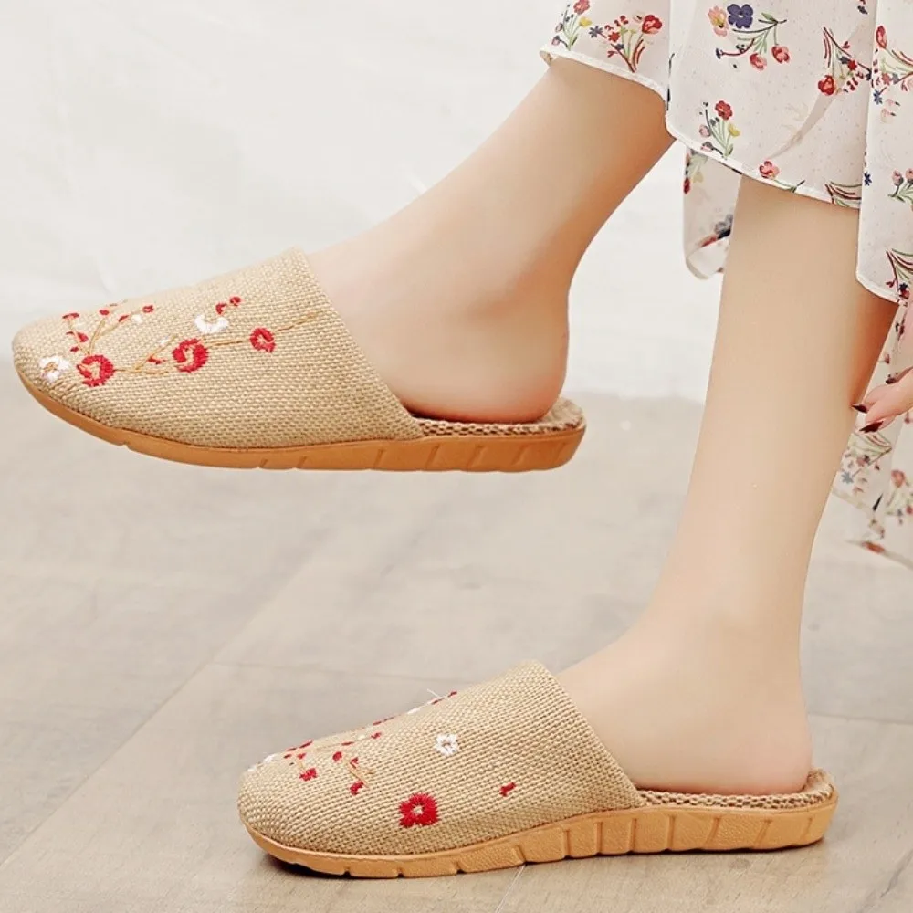 

Домашние тапочки с вышивкой цветов и бамбука, льняные, с мягкой подошвой, с узором цветов сливы, нескользящие, для женщин и мужчин