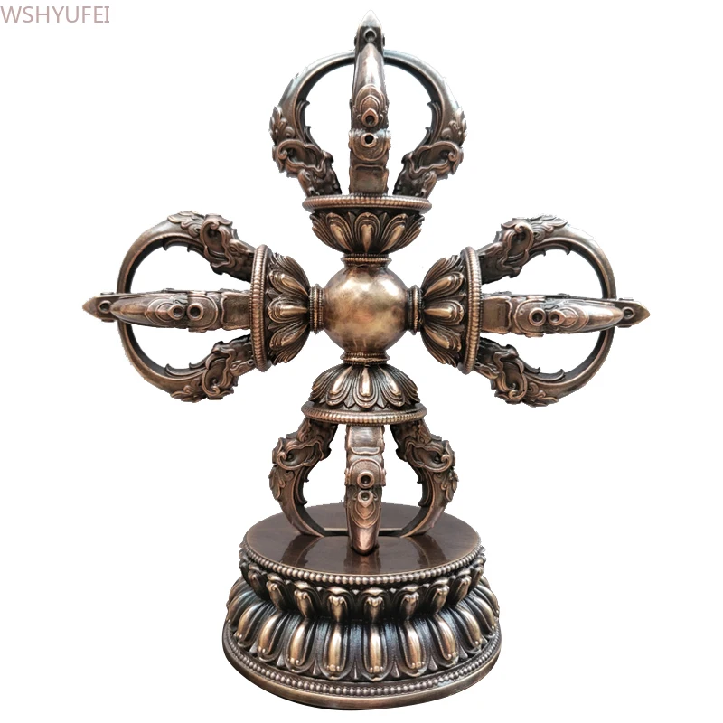 Nepalese Craftsmanship/Pure Copper/Five Legged Vajra Wand/Cross Wand/With Base/Purple Copper Worship Ornament