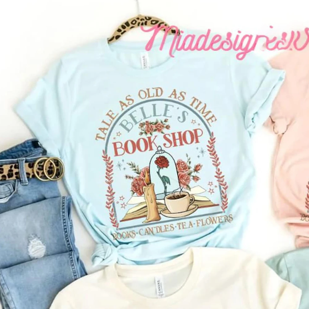 Vintage Retro Belle's Boekenwinkel Shirt Verhaal zo oud als tijd Belle en het Beest Magic Tee Casual Y2K Top Dagelijks Trendy Streetwear