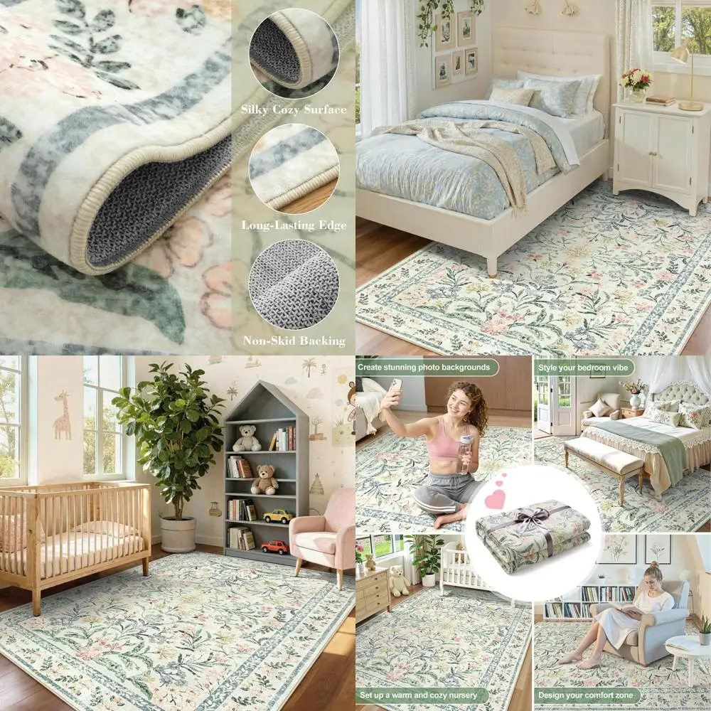 

Floral Pattern Washable Rugs 5x7, Soft Area Rugs for Home, Thin Non-Slip Beige Carpets, Flower Decor for Rooms