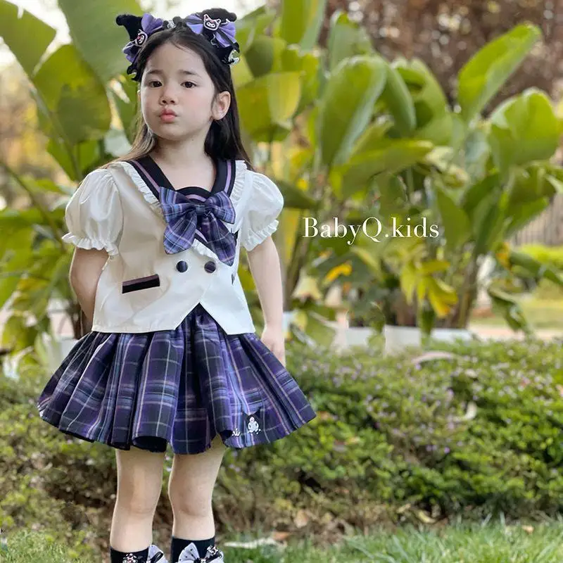 Sanrios Kuromi Lolita Jk infantil uniforme, camisa de manga curta, saia plissada, saia princesa fofa, roupas de verão infantil