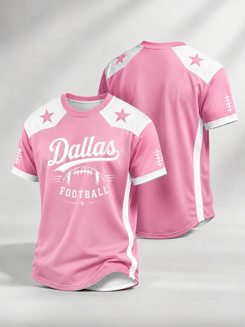 Fashion Men's Dallas Rugby Pattern Short Sleeve T-Shirt Top Summer Lightweight and Breathable Quick Drying Sport Men's Clothing