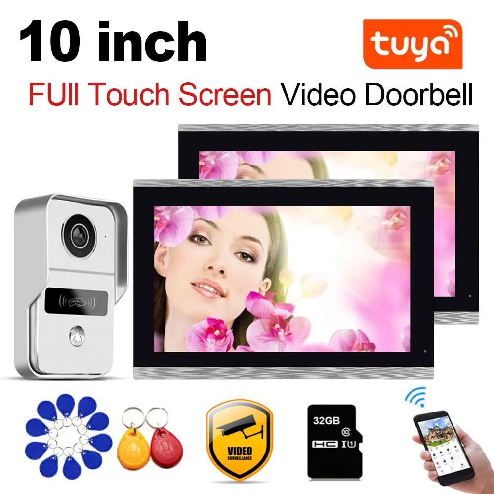 Tuya Smart Home Video Door sem fio, telefone Wi-Fi, sistema de controle de acesso RFID, Villa Apartment, 2 LCD Touch Screen, 1080P, 10\