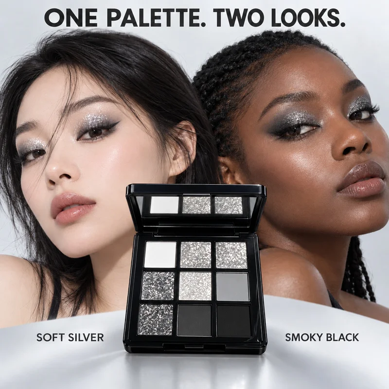 ErshiQi 9 Colors Smoky Silver Eyeshadow Palette Black Grey Glitter Shimmer Matte Eye Shadow High Pigment Blendable Makeup Looks gallery 5