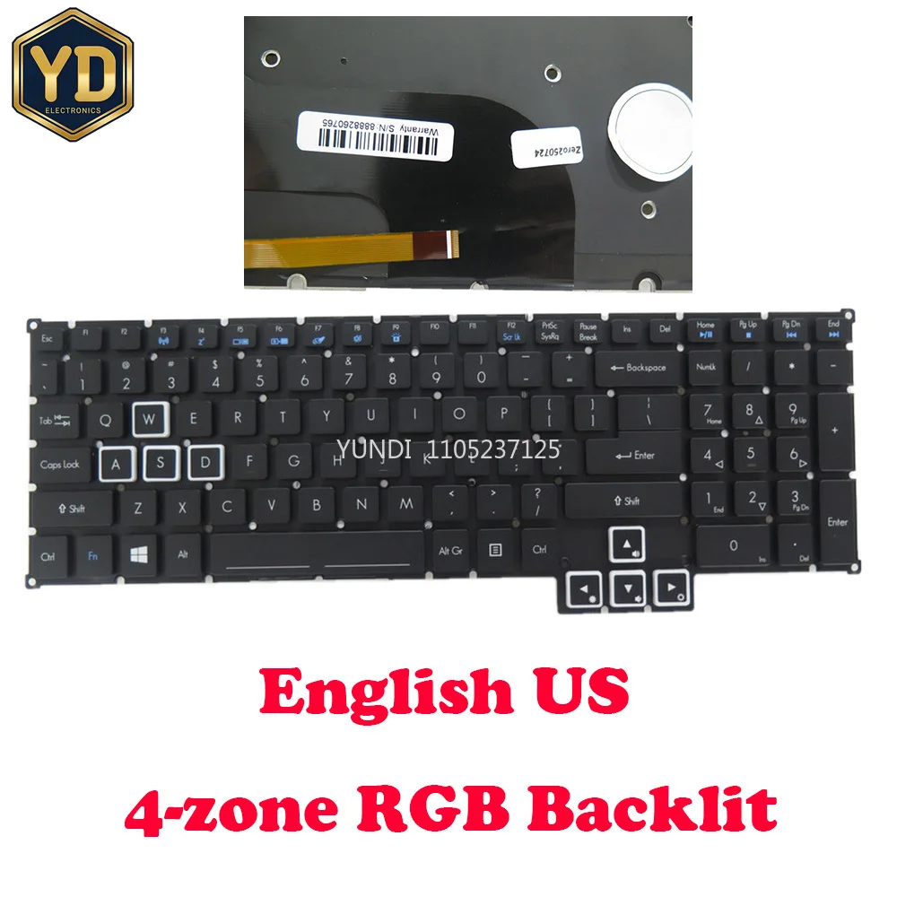 YD Laptop 4-zone RGB Backlit Keyboard For ACER Predator Helios 500 PH517-51 PH517-51-72NU English US Black New