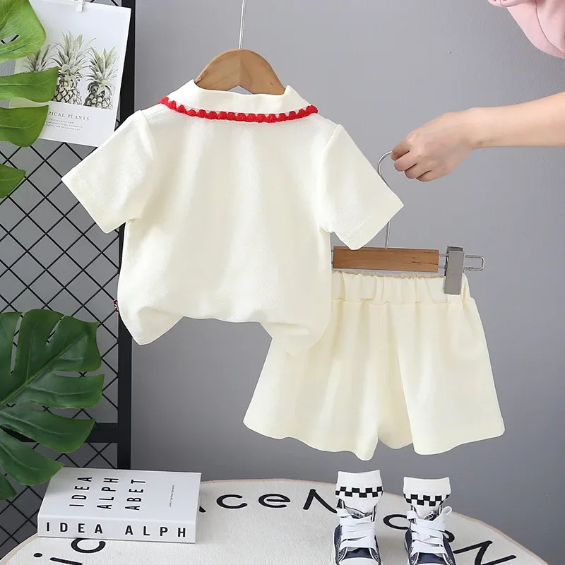 Korean Girls' Strawberry Short Sleeved Set 2025 Summer Children's Polo Shirt Shorts 2Pcs Suit Cute Kid's Tees Outfit