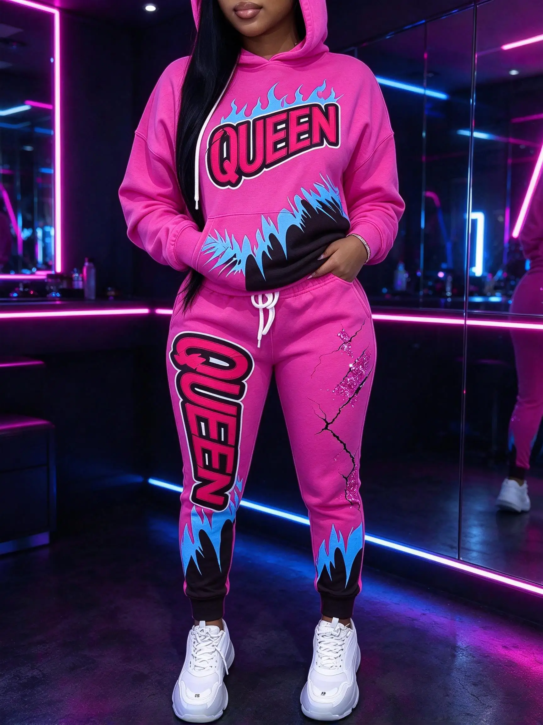 Women Fierce Champ Queen Letter Flame Print 2Pcs Tracksuit, Hoodie Jogger Set, Hip Hop Street Outfit.