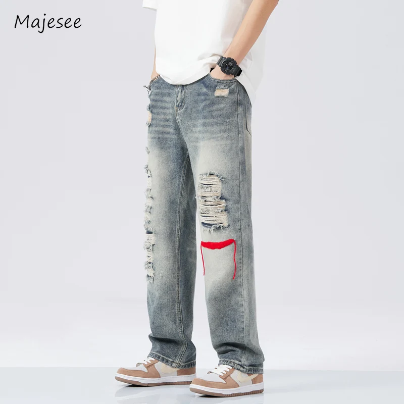 

Jeans Men Fashion Retro Loose Spring Autumn Ripped Embroidery Asymmetrical American Style Teenagers Casual High Street Handsome