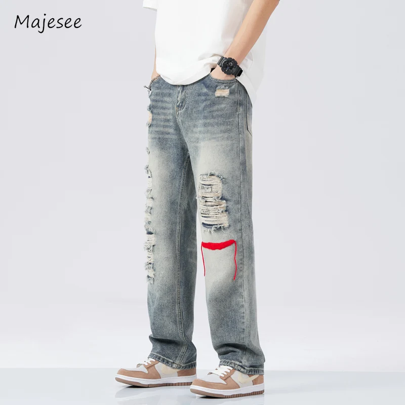 Jeans Men Fashion Retro Loose Spring Autumn Ripped Embroidery Asymmetrical American Style Teenagers Casual High Street Handsome