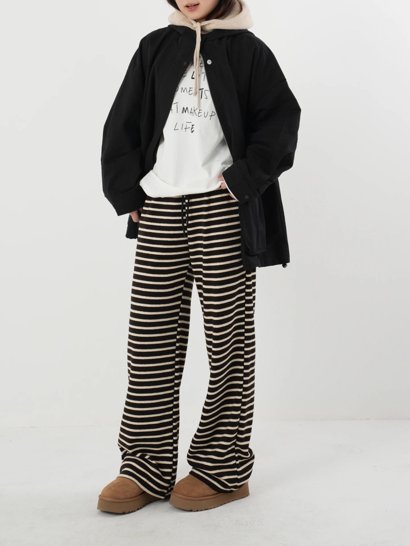 

Ladies Casual Striped Wide Leg Pants Loose Knitted Towel Cotton Simple Autumn Winter Faion Polyester Fiber l Waist El...