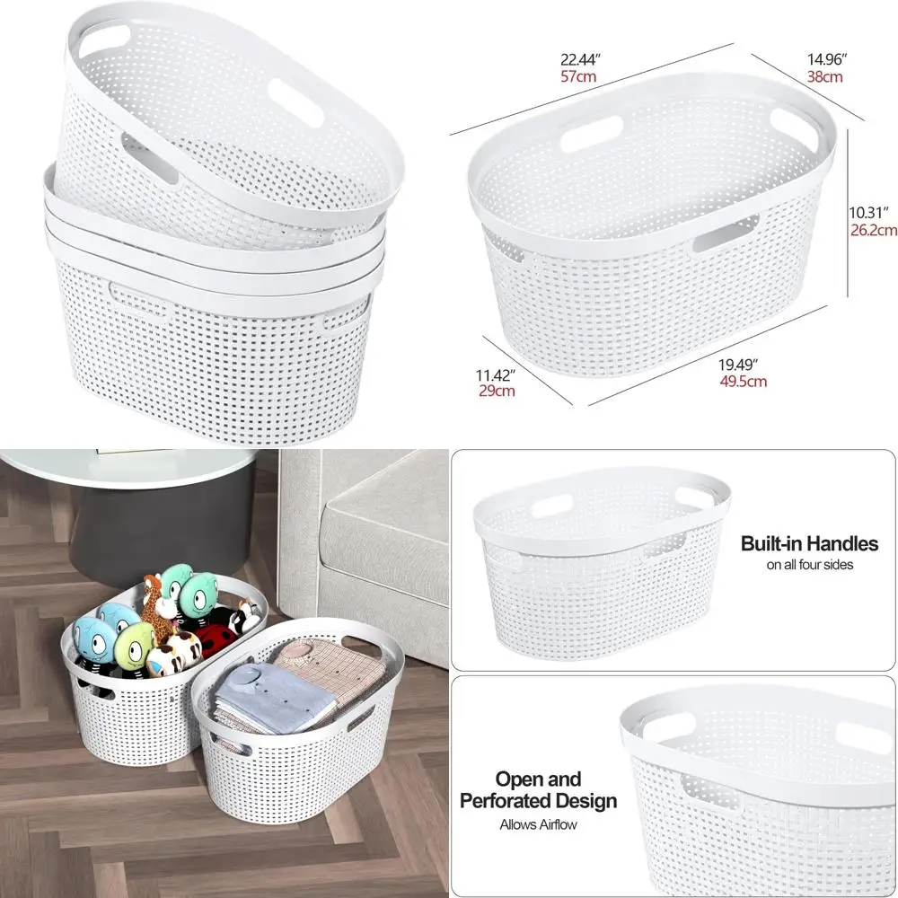 

Набор из 4 белых вентилируемых больших пластиковых корзин для белья объемом 40 л с ручками