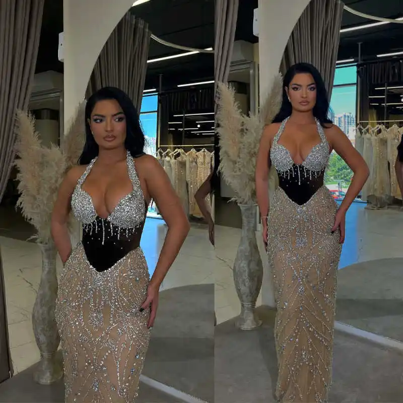 

Sparkling Halter Neck Evening Dresses Crystals Floor Length Merrmaid Prom Gowns Beadeds Celebrity Party Custom Made