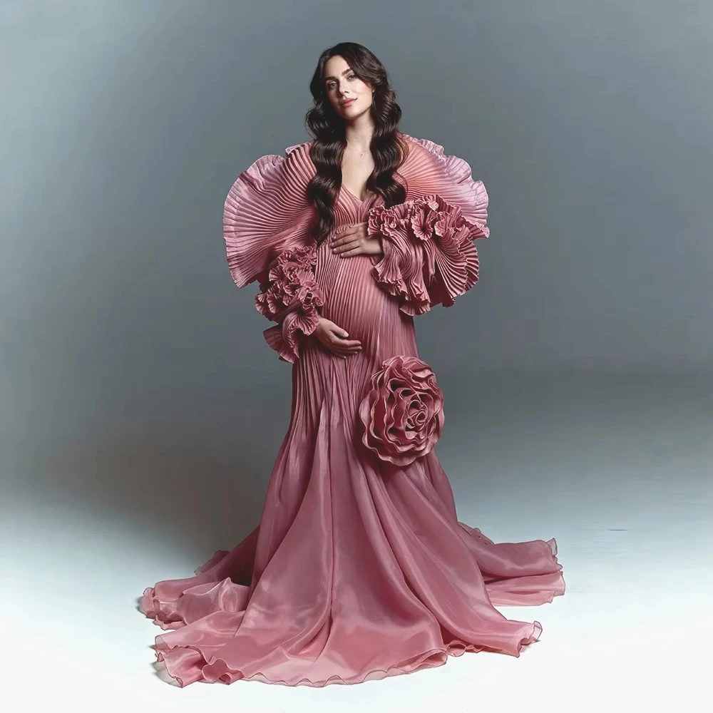 

Handmade 3D Flower Pleated Organza Pregnancy Photo Shooting Dress for Photoshoot Maternity Clothing Baby Shower Dresses