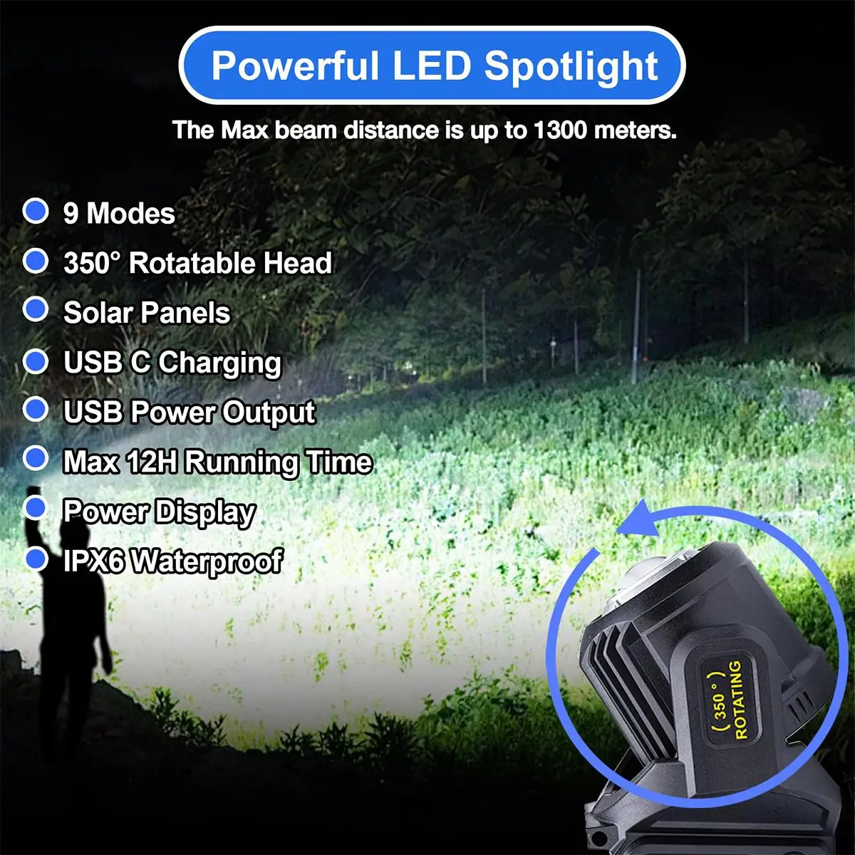 Torcia solare ricaricabile LED Spotlight Torcia di lavoro Searchlight impermeabile Luce potenti Luminoso Super Luminoso portatile