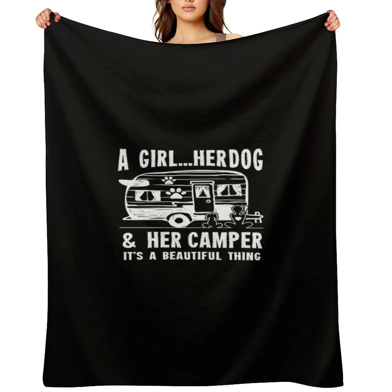 

Camping T Shirt Camping Girl A Girl Her Dog And Her Camper Camper Campfire Gifts Tee Throw Blanket Bed covers Blankets