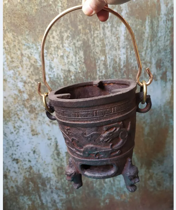 

Portable Cast Iron Hanging Stove Mini Charcoal BBQ Grill Retro Tea-cooking Wine-warming Stove Dragon Totem Antique Folk Collecti