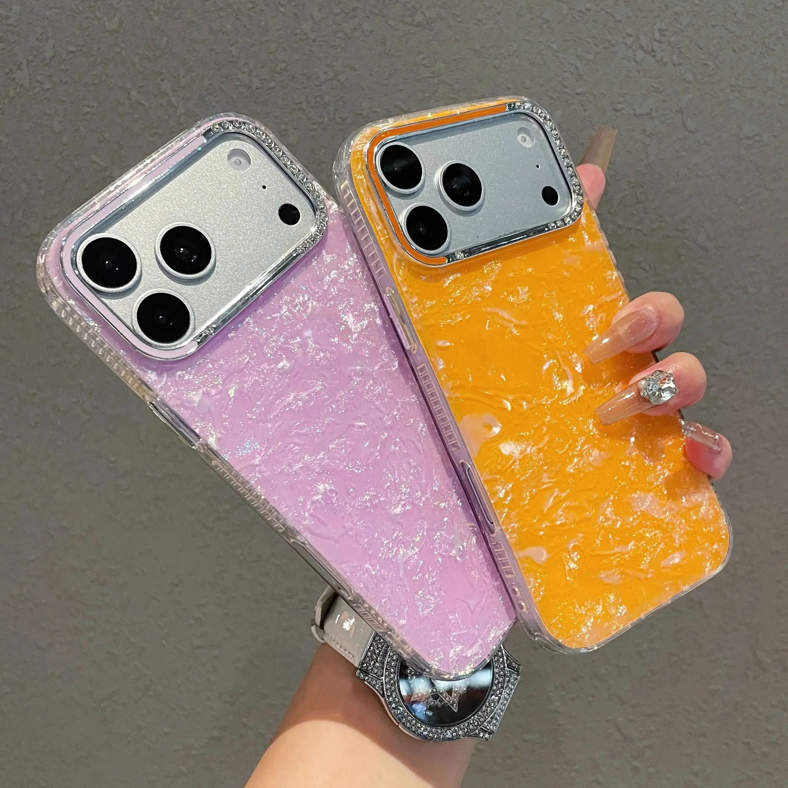 Rhinestone Lens Frame Shell Pattern Phone Cases For iPhone 17 16 15 14 13 Pro Max Camera Bumper Glitter Laser Colorful Cover