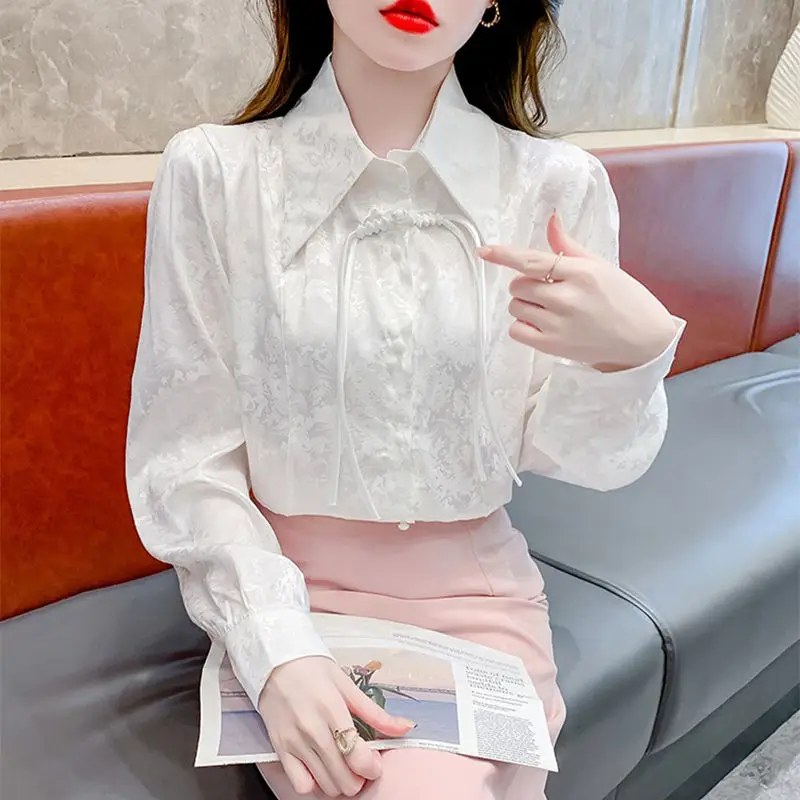 Women\'s Clothing Vintage Chinese Style Jacquard Button Shirt Elegant Fashion Turn Down Collar Blouse White Long Sleeve Slim Tops