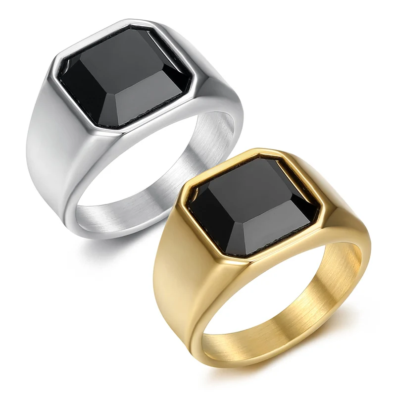 Hip Hop Stainless Steel Black Stone Inlay Square Finger Rings for Men Rapper Jewelry Gold Silver Color Drop Shipping