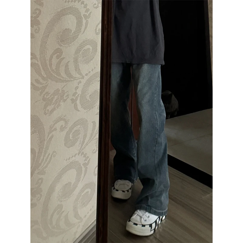 

Blue Waed Jeans Men's Summer American Retro High Waist Straight Leg Long Pants Tight Fit Jeans Casual Youth Trend