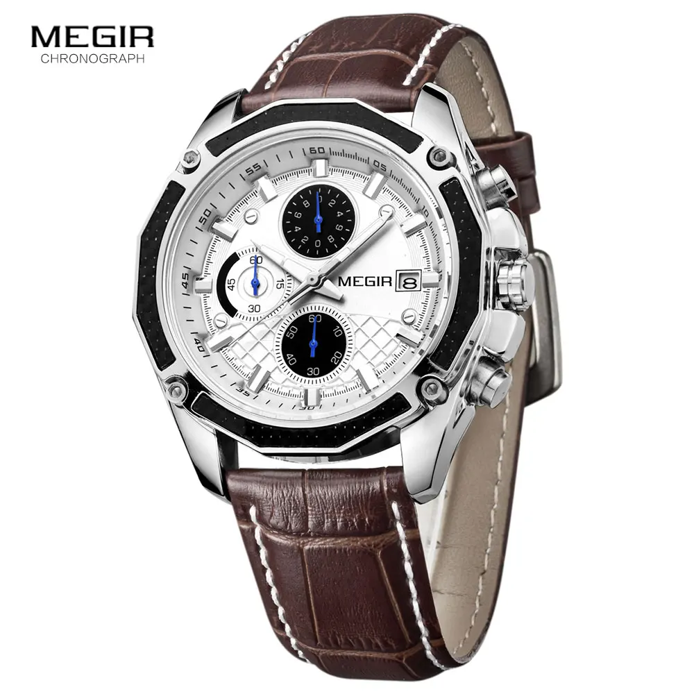 MEGIR quartz male watches Genuine Leather watches racing men Students game Run Chronograph Watch male glow hands for Man 2015G