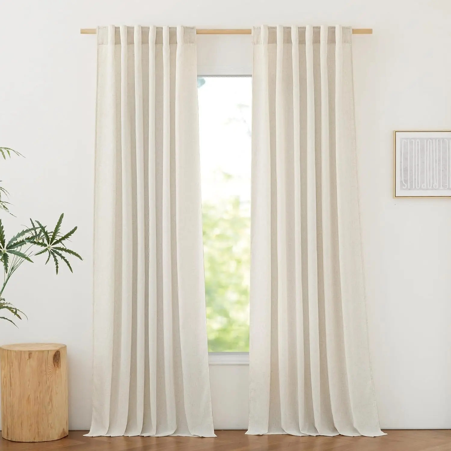 

Natural Linen 120 inch Curtains for Living Room, Rod Pocket & Back Tab Thick Flax Semi Sheer Privacy Assured with Light