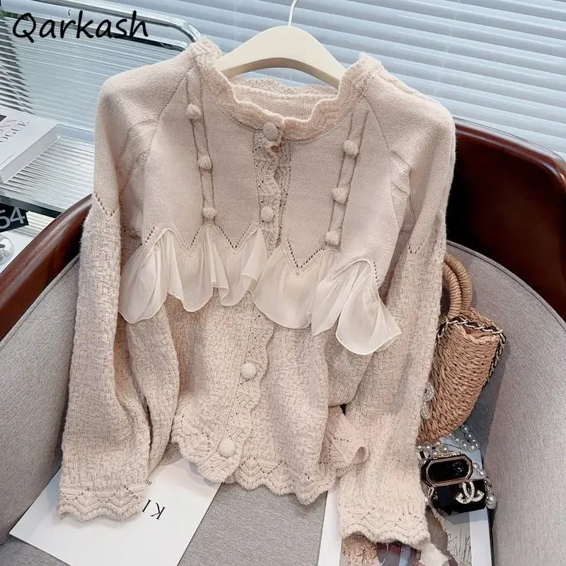 

Cardigan Women Patchwork Korean Style Streetwear Casual Loose Fitting Ruffles Button Soft Solid Fashion All-match Sweaters Retro