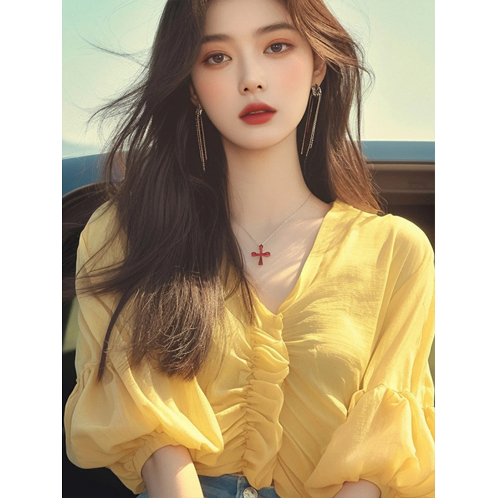 Mousseline de soie irt 2025 nouveau Sle jaune v-ne plissé bulle Sve haut Ele belle petite Blouse trajet Sle couleur Pure