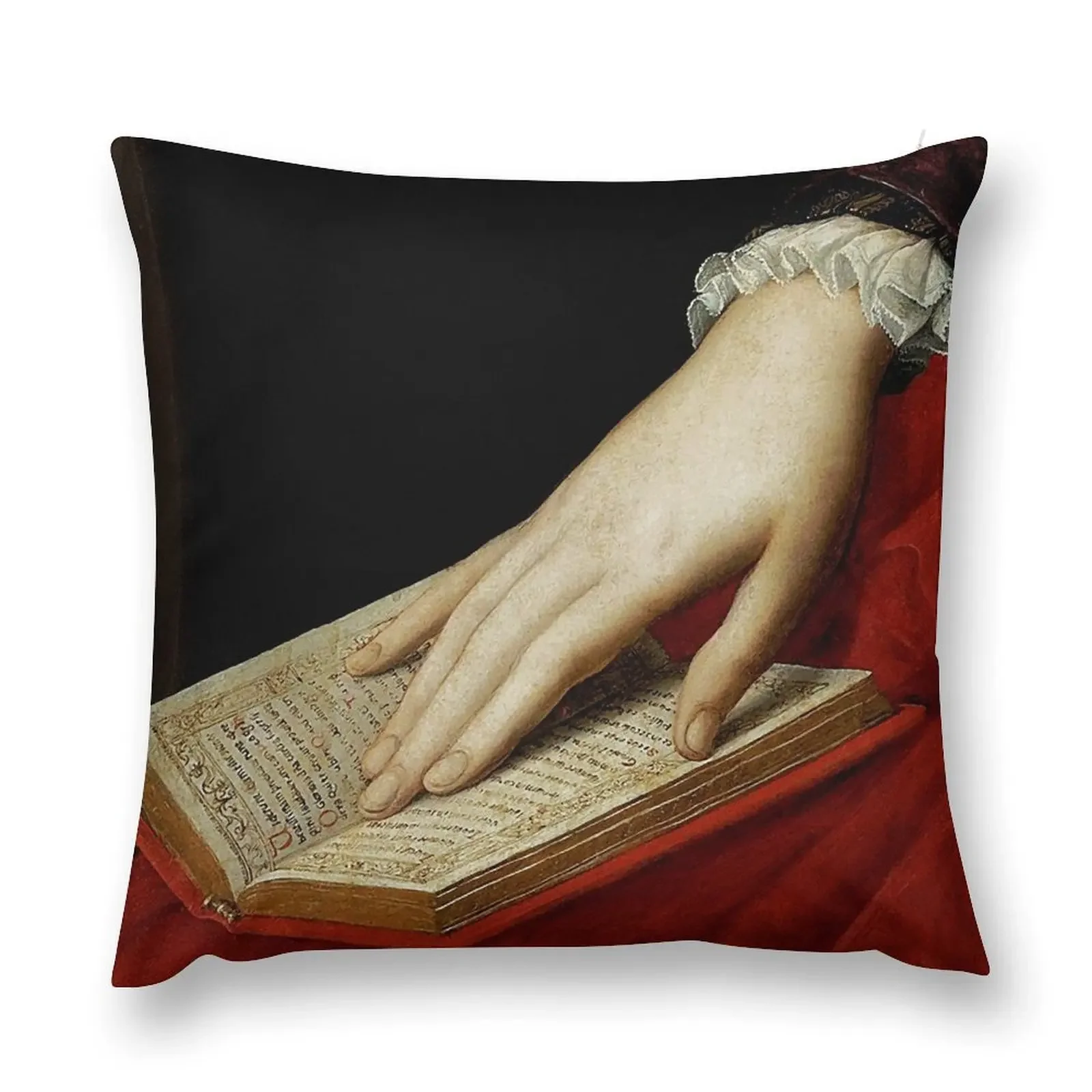 

Renaissance old master cropped image, hand on book Throw Pillow Throw Pillow Sofas Covers Cushions Home Decor pillow