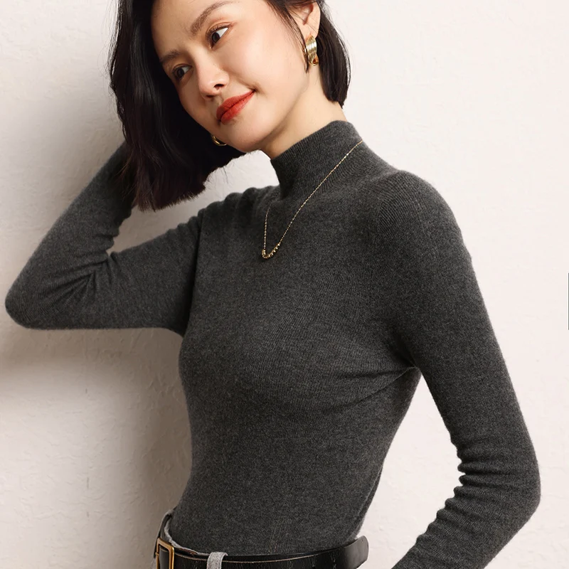 

Fine Imitation Cashmere Sweater Women's Spring Autumn Half High Neck Solid Color Pullover Luxurious Basic Style Slim Knit Top