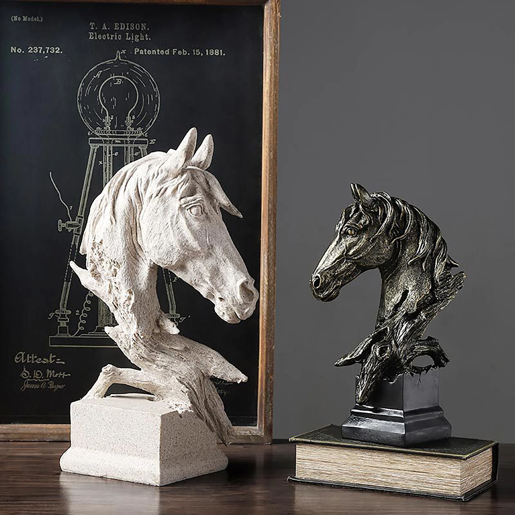 Giant Horse Head Statue Ornament Retro Style Vintage Animal Figurine Antique Type Home Decorative Resin Artwork Archaistic Decor