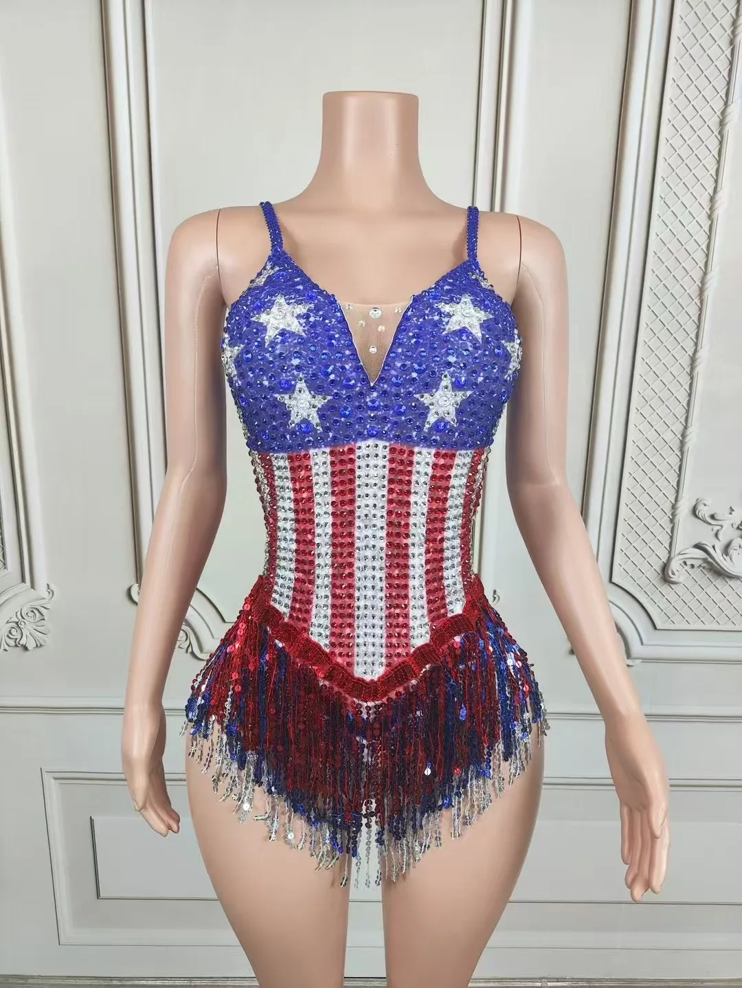 Aangepaste sprankelende strass kwastje bodysuit voor vrouwen sexy prestaties dans kostuum zanger danser turnpakje show podiumkleding