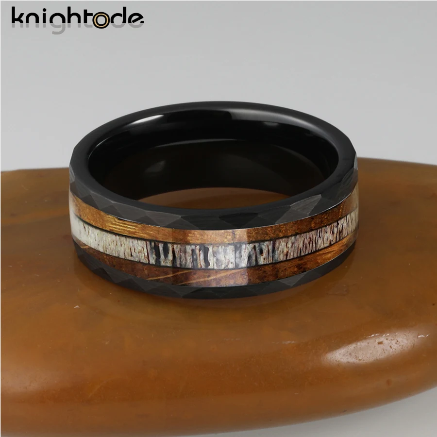 8mm Hammered Tungsten Carbide Rings Deer Antler Between Whiskey Barrel OAK Wood Inlay Wedding Band Comfort Fit