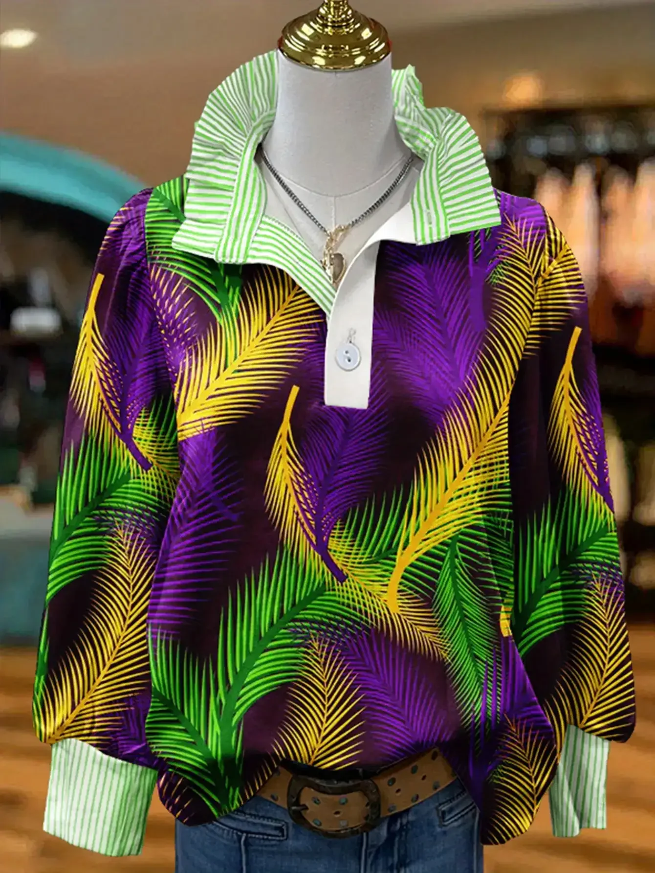 Women's striped fresh and fashionable shirt with multi-color striped collar and The combination of balloons and bows